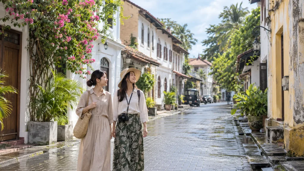 ゴール旧市街を歩く女性旅行者のイメージ（生成画像）
