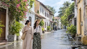 ゴール旧市街を歩く女性旅行者のイメージ（生成画像）