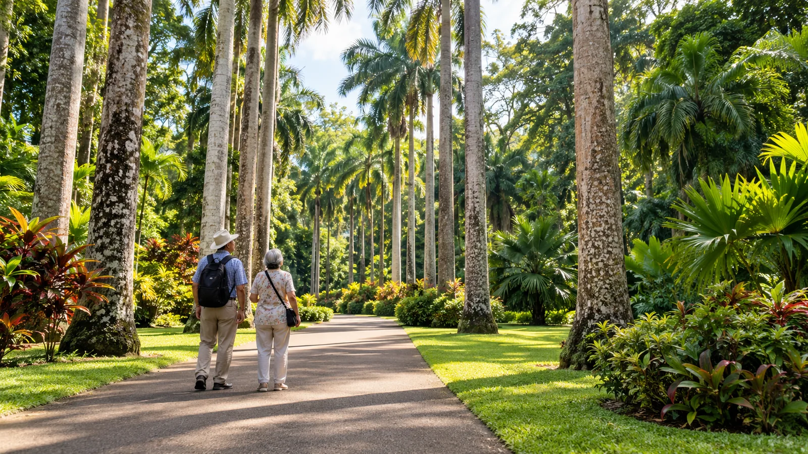 スリランカの植物園をゆっくり歩くシニア旅行のイメージ(生成画像)