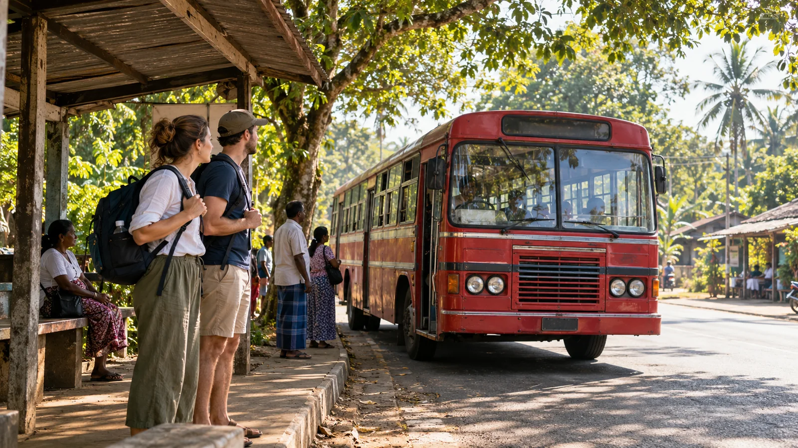 スリランカのバス乗り場で待つ旅行者のイメージ(生成画像)